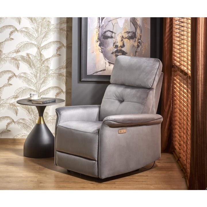 Fotel do salonu z funkcją elektrycznego rozkładania, gniazdo USB, kolor popielaty, tkanina velvet