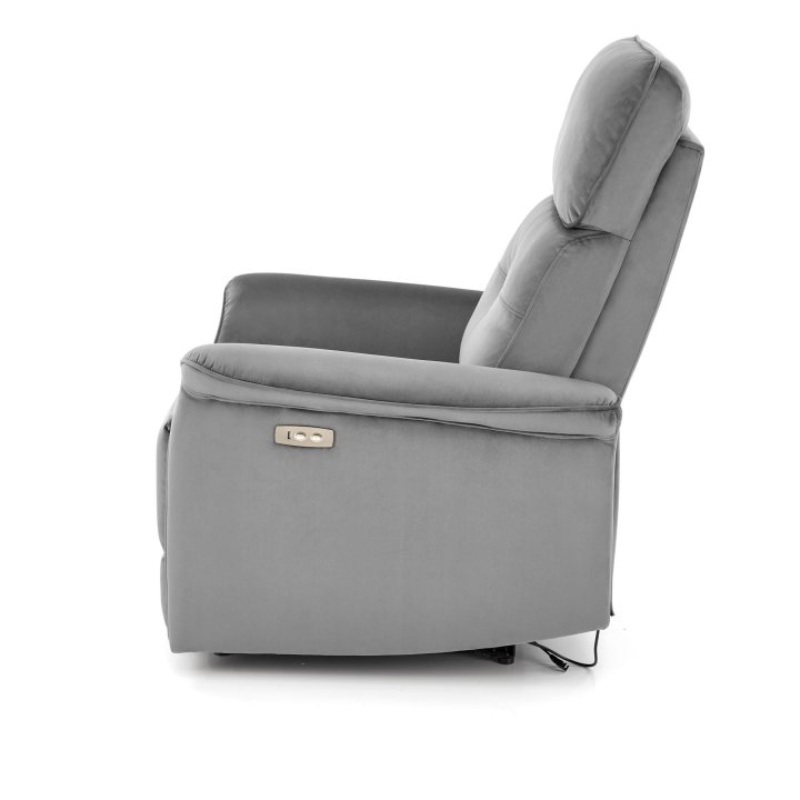 Fotel do salonu z funkcją elektrycznego rozkładania, gniazdo USB, kolor popielaty, tkanina velvet