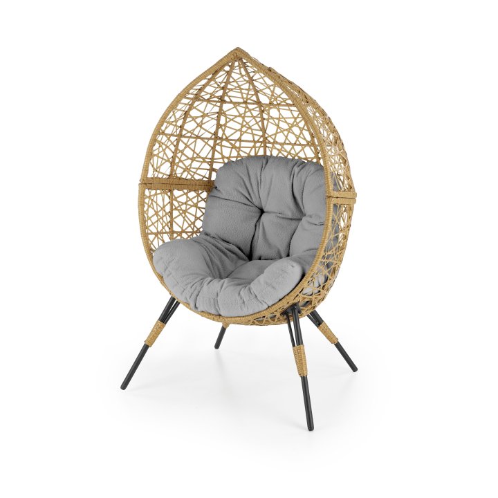 Fotel ogrodowy, skandynawski, boho, naturalny kolor poduszki jasnopopielaty, rattan syntetyczny