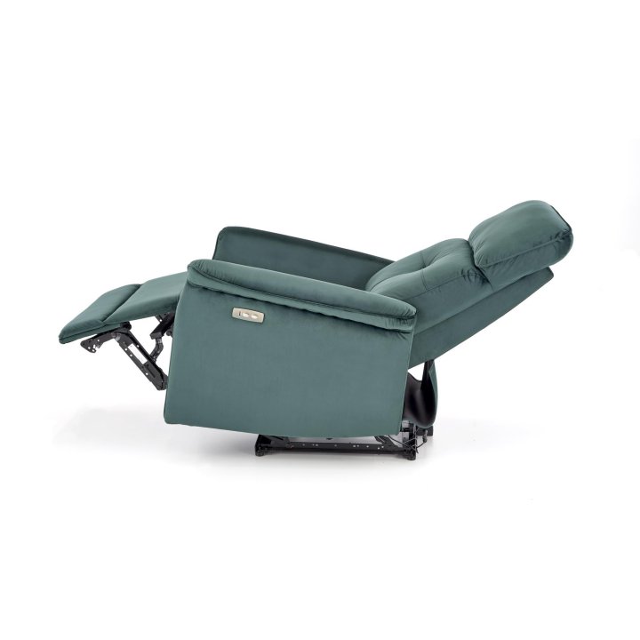 Fotel do salonu z funkcją elektrycznego rozkładania, gniazdo USB, kolor ciemny zielony, tkanina velvet