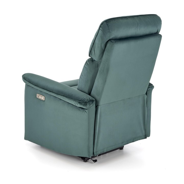 Fotel do salonu z funkcją elektrycznego rozkładania, gniazdo USB, kolor ciemny zielony, tkanina velvet