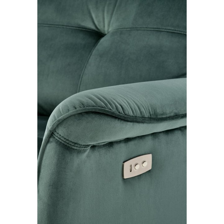 Fotel do salonu z funkcją elektrycznego rozkładania, gniazdo USB, kolor ciemny zielony, tkanina velvet