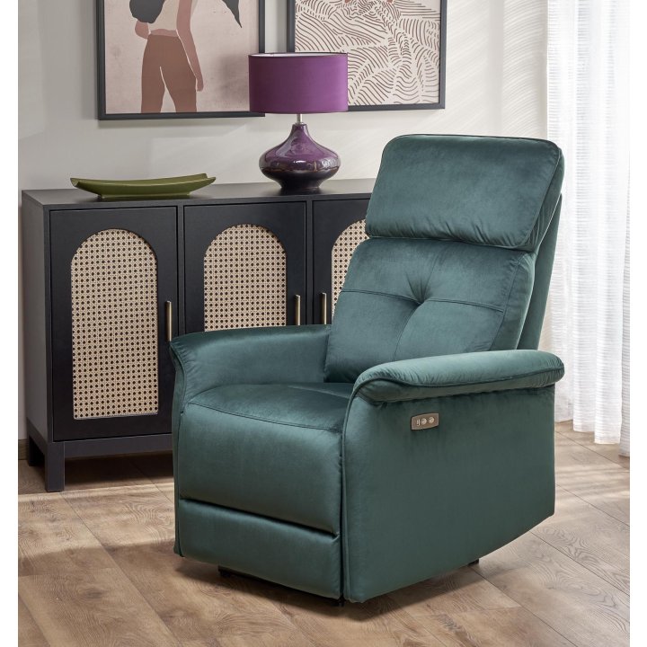 Fotel do salonu z funkcją elektrycznego rozkładania, gniazdo USB, kolor ciemny zielony, tkanina velvet