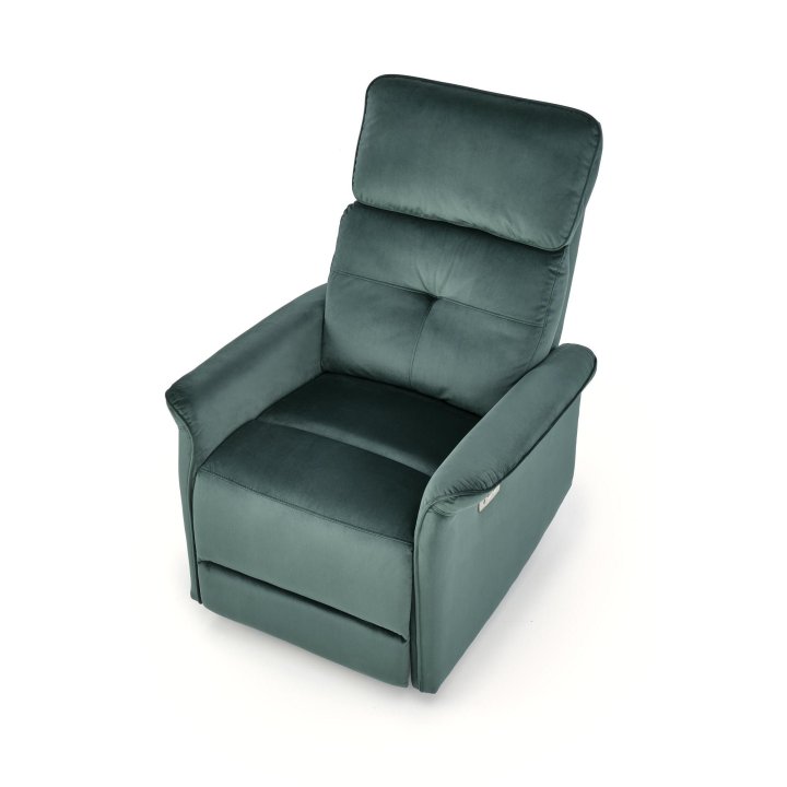 Fotel do salonu z funkcją elektrycznego rozkładania, gniazdo USB, kolor ciemny zielony, tkanina velvet