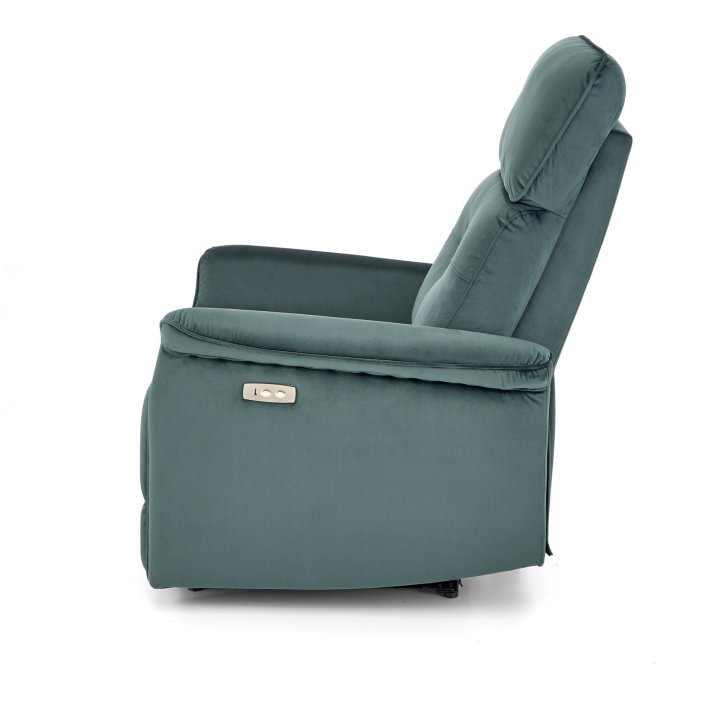 Fotel do salonu z funkcją elektrycznego rozkładania, gniazdo USB, kolor ciemny zielony, tkanina velvet