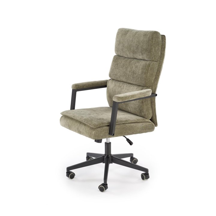 Fotel do biurka nowoczesny, oliwkowy, tapicerowany tkaniną, kółka kauczukowe