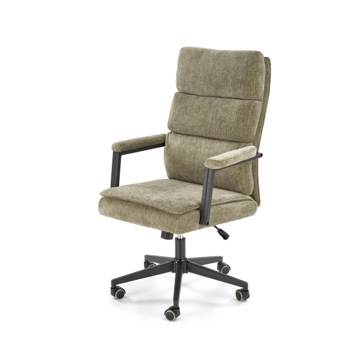 Fotel do biurka nowoczesny, oliwkowy, tapicerowany tkaniną, kółka kauczukowe