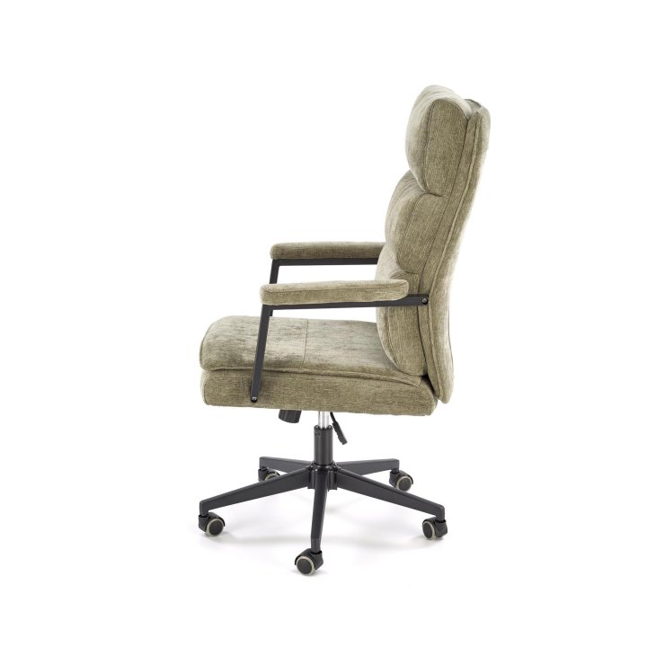 Fotel do biurka nowoczesny, oliwkowy, tapicerowany tkaniną, kółka kauczukowe