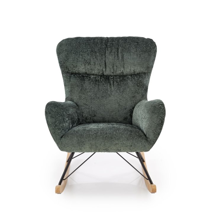 Fotel do salonu, bujany, nowoczesny, kolor ciemny zielony, na płozach drewnianych.