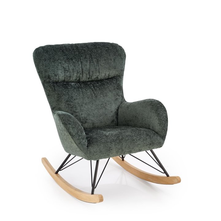 Fotel do salonu, bujany, nowoczesny, kolor ciemny zielony, na płozach drewnianych.