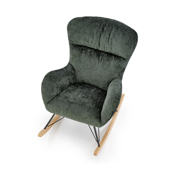Fotel do salonu, bujany, nowoczesny, kolor ciemny zielony, na płozach drewnianych.
