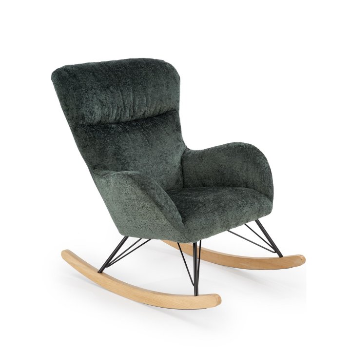 Fotel do salonu, bujany, nowoczesny, kolor ciemny zielony, na płozach drewnianych.