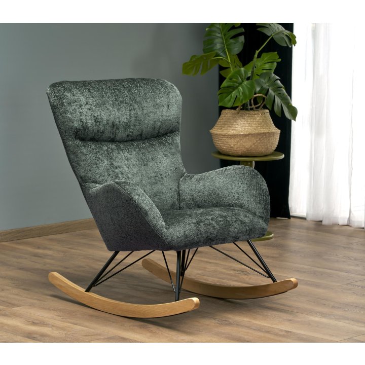Fotel do salonu, bujany, nowoczesny, kolor ciemny zielony, na płozach drewnianych.