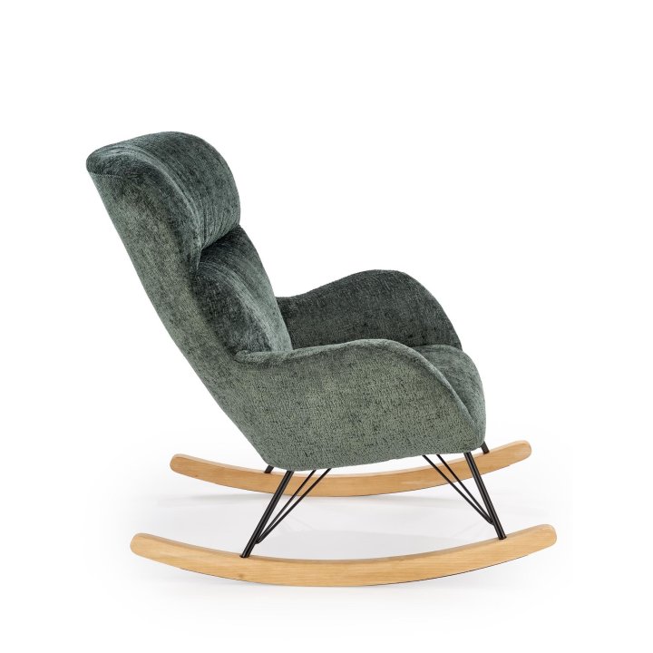 Fotel do salonu, bujany, nowoczesny, kolor ciemny zielony, na płozach drewnianych.