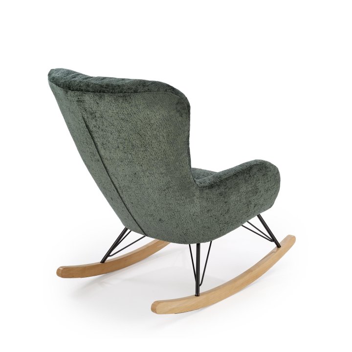 Fotel do salonu, bujany, nowoczesny, kolor ciemny zielony, na płozach drewnianych.