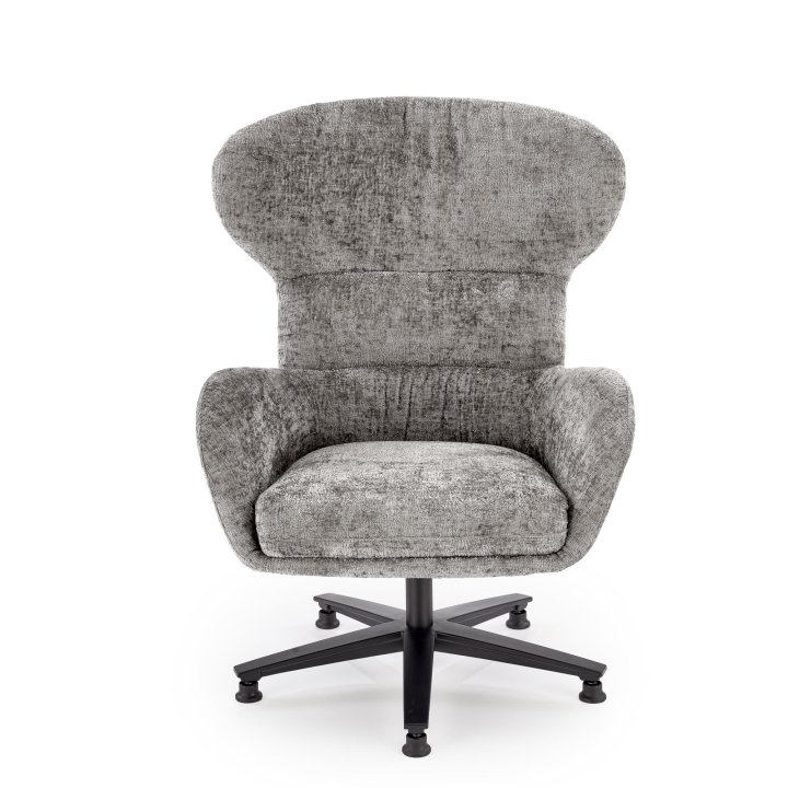 Fotel do salonu typu uszak w kolorze popielatym z czarną podstawą