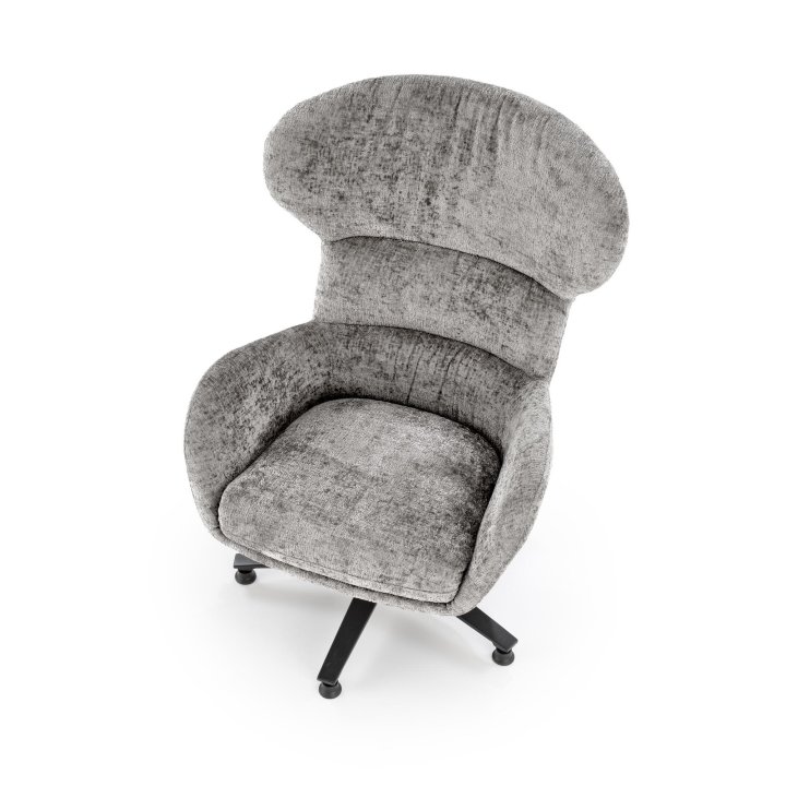 Fotel do salonu typu uszak w kolorze popielatym z czarną podstawą