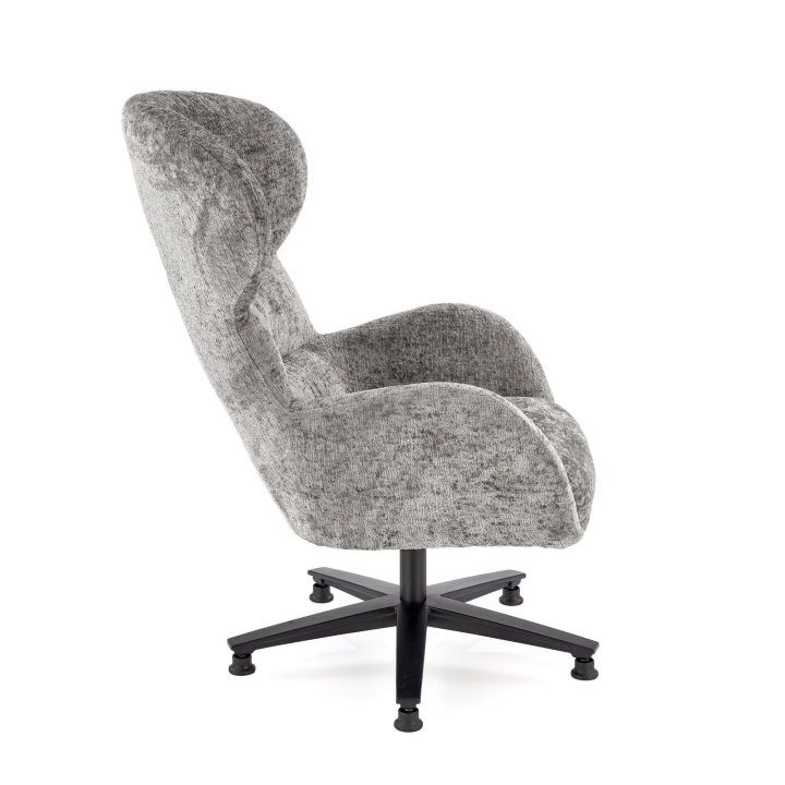 Fotel do salonu typu uszak w kolorze popielatym z czarną podstawą