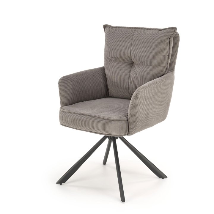 Krzesło popielate obrotowe do salonu z podłokietnikami i miękkim siedziskiem