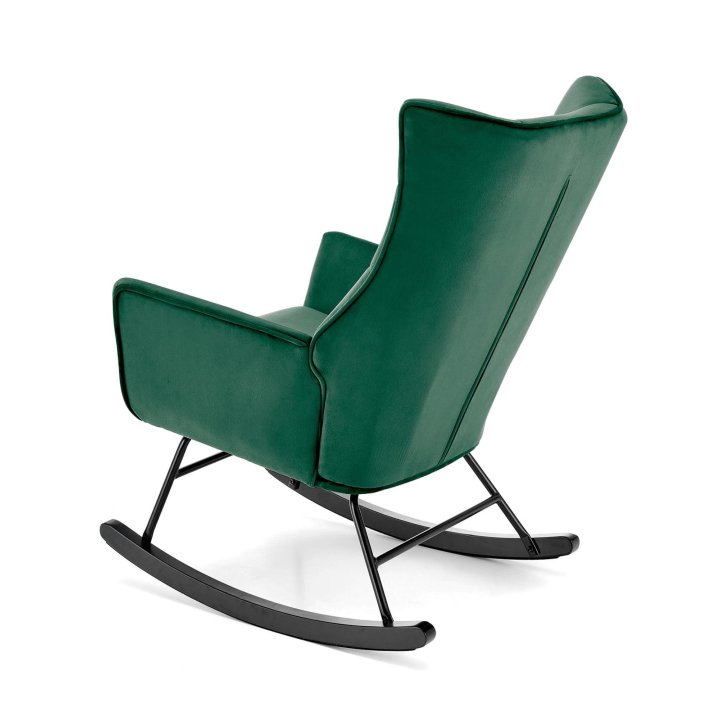 Fotel do salonu, bujany, nowoczesny, ciemny zielony, na czarnych drewnianych płozach, tkanina velvet