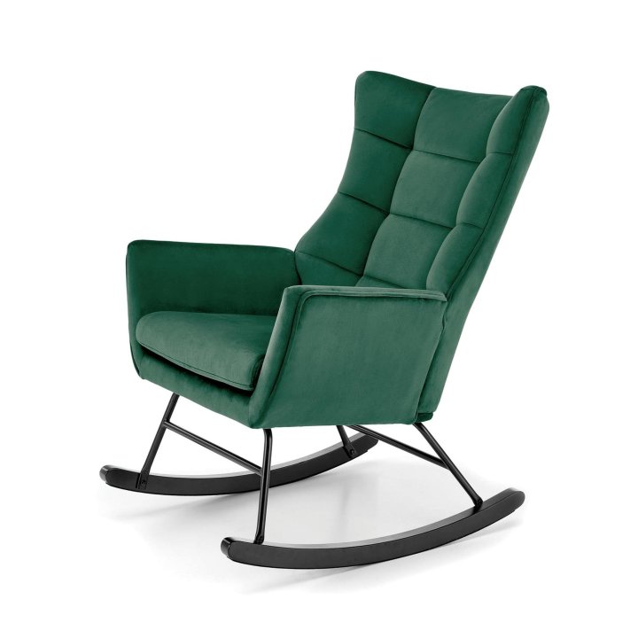 Fotel do salonu, bujany, nowoczesny, ciemny zielony, na czarnych drewnianych płozach, tkanina velvet