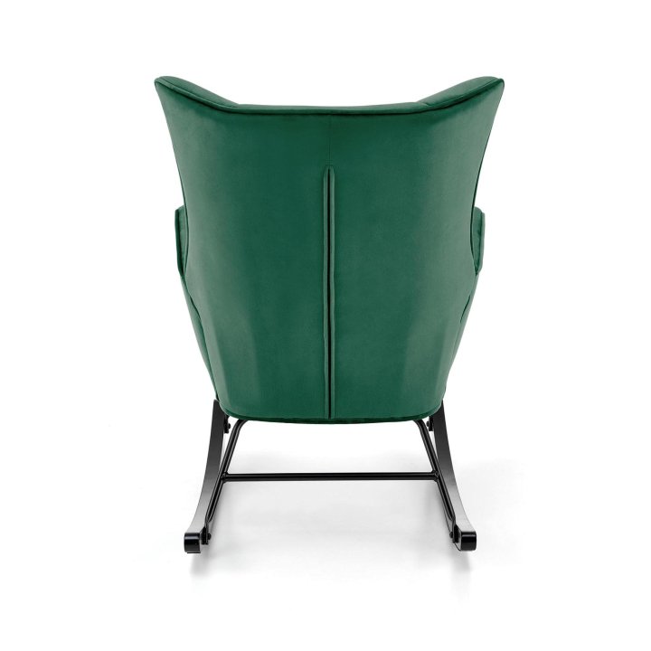 Fotel do salonu, bujany, nowoczesny, ciemny zielony, na czarnych drewnianych płozach, tkanina velvet