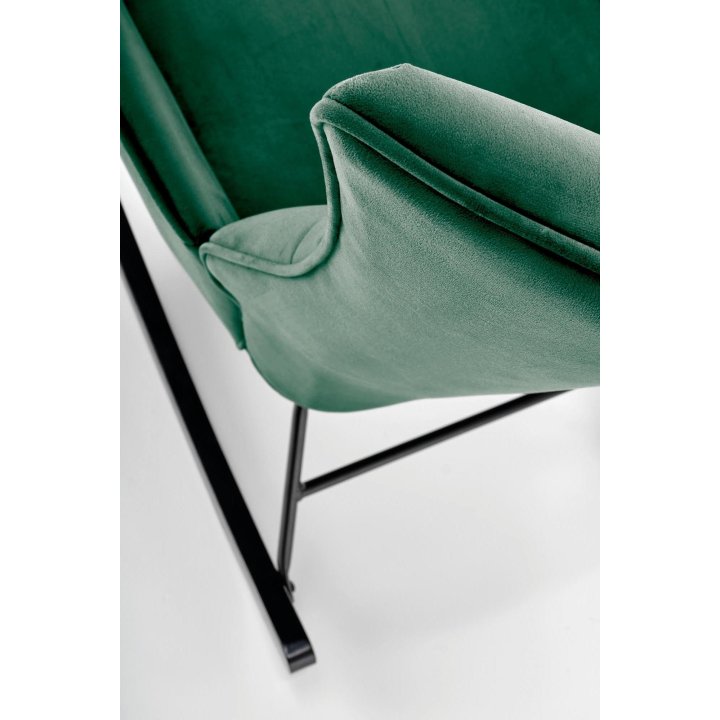 Fotel do salonu, bujany, nowoczesny, ciemny zielony, na czarnych drewnianych płozach, tkanina velvet