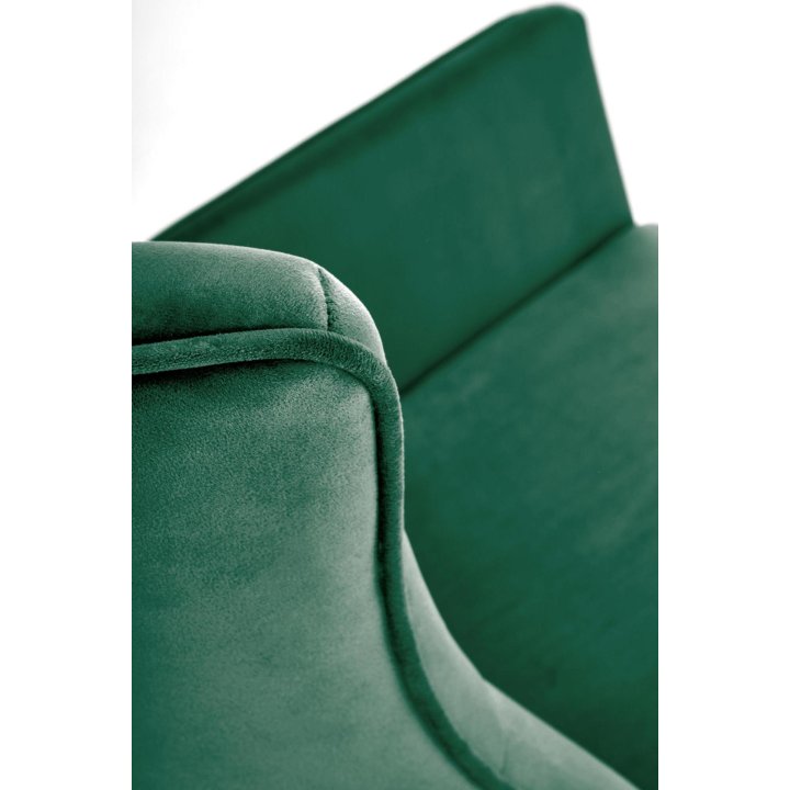 Fotel do salonu, bujany, nowoczesny, ciemny zielony, na czarnych drewnianych płozach, tkanina velvet