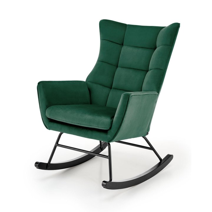 Fotel do salonu, bujany, nowoczesny, ciemny zielony, na czarnych drewnianych płozach, tkanina velvet