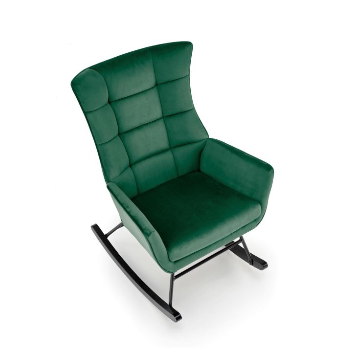 Fotel do salonu, bujany, nowoczesny, ciemny zielony, na czarnych drewnianych płozach, tkanina velvet