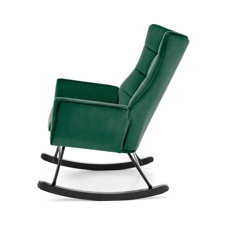Fotel do salonu, bujany, nowoczesny, ciemny zielony, na czarnych drewnianych płozach, tkanina velvet