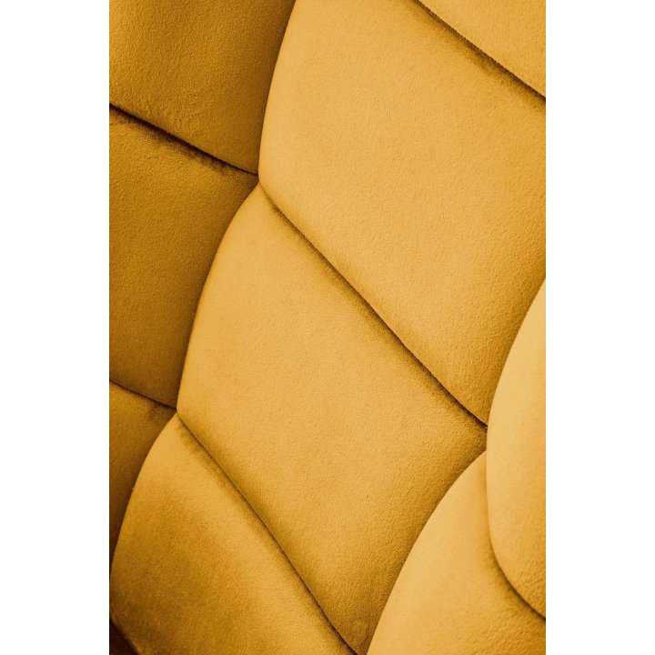 Fotel do salonu, bujany, nowoczesny, musztardowy, na czarnych drewnianych płozach, tkanina velvet
