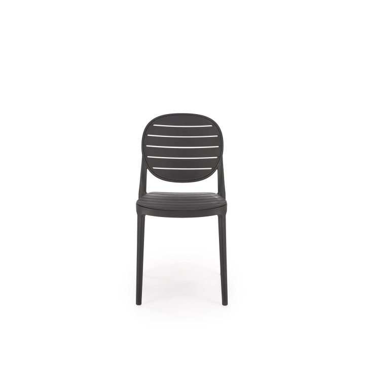 Czarne krzesło do kuchni z plastikowym okrągłym oparciem i eleganckim designem
