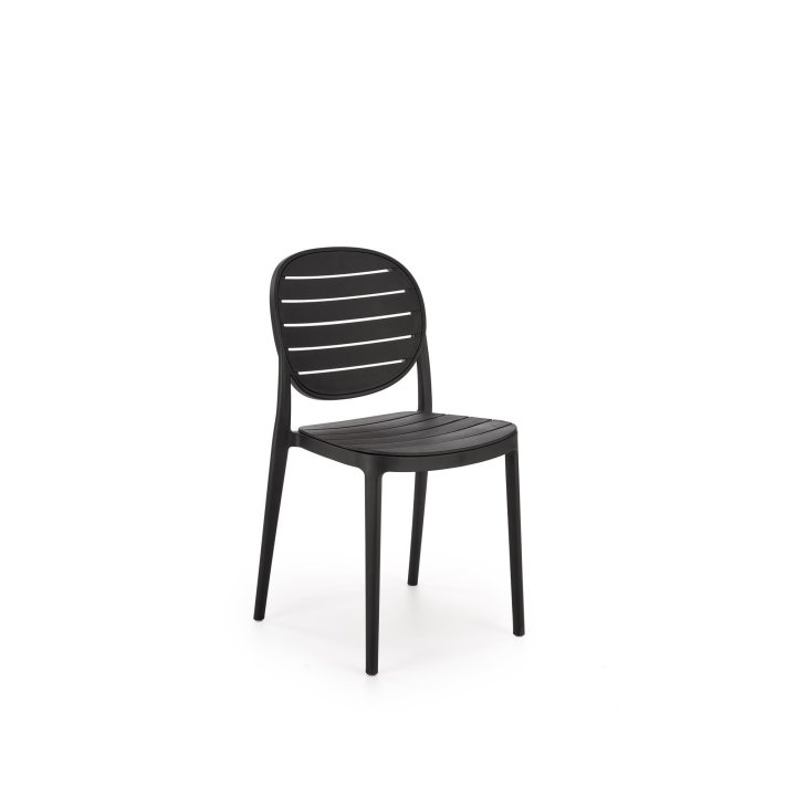 Czarne krzesło do kuchni z plastikowym okrągłym oparciem i eleganckim designem