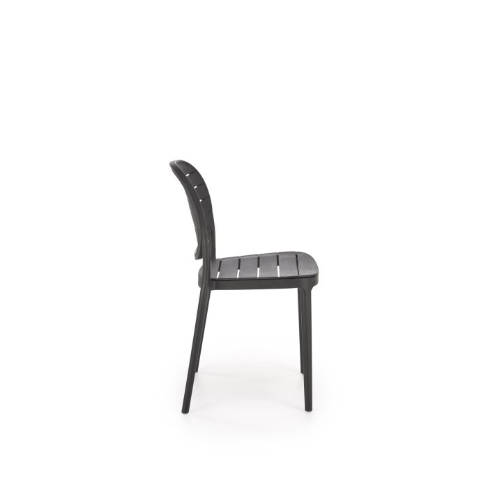Czarne krzesło do kuchni z plastikowym okrągłym oparciem i eleganckim designem
