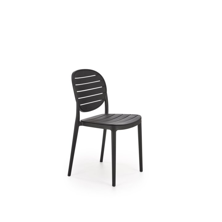 Czarne krzesło do kuchni z plastikowym okrągłym oparciem i eleganckim designem