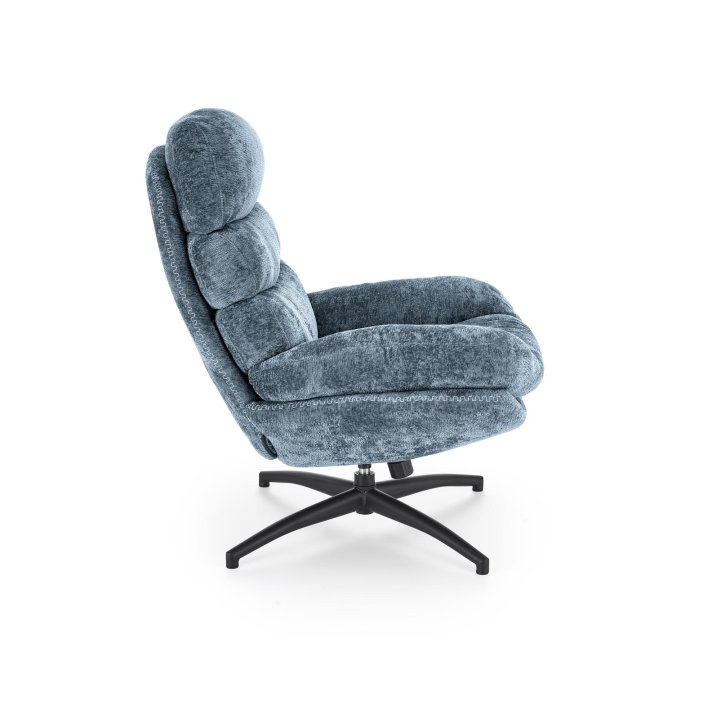 Niebieski fotel z podnóżkiem i funkcją kołysania na czarnym krzyżaku