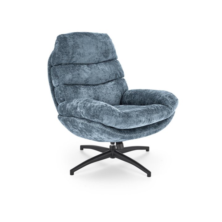 Niebieski fotel z podnóżkiem i funkcją kołysania na czarnym krzyżaku