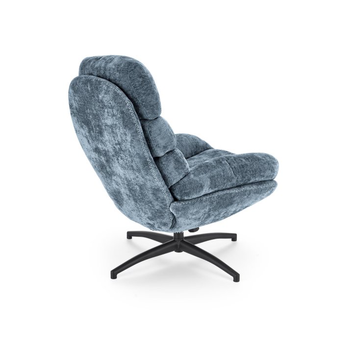 Niebieski fotel z podnóżkiem i funkcją kołysania na czarnym krzyżaku