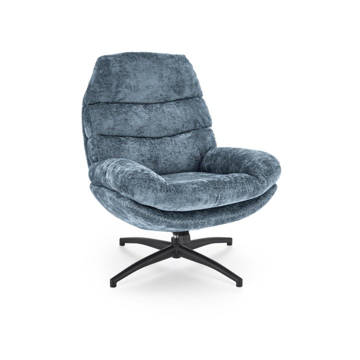 Niebieski fotel z podnóżkiem i funkcją kołysania na czarnym krzyżaku