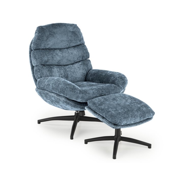 Niebieski fotel z podnóżkiem i funkcją kołysania na czarnym krzyżaku