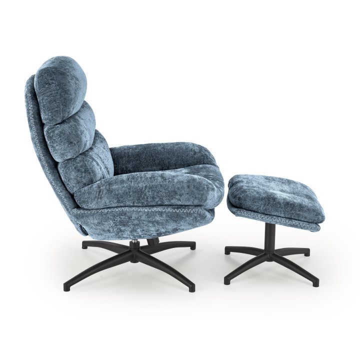 Niebieski fotel z podnóżkiem i funkcją kołysania na czarnym krzyżaku