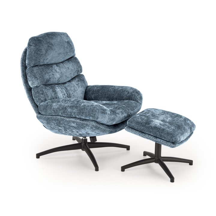 Niebieski fotel z podnóżkiem i funkcją kołysania na czarnym krzyżaku