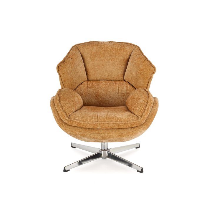 Fotel do salonu, musztardowy na chromowanej eleganckiej podstawie