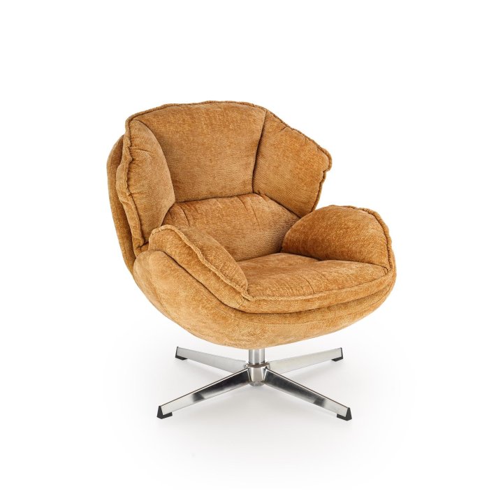 Fotel do salonu, musztardowy na chromowanej eleganckiej podstawie