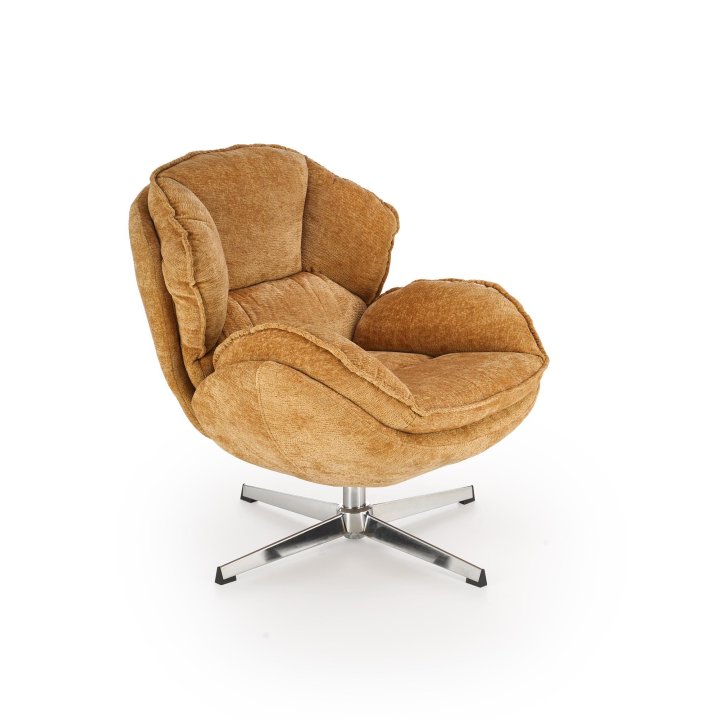 Fotel do salonu, musztardowy na chromowanej eleganckiej podstawie