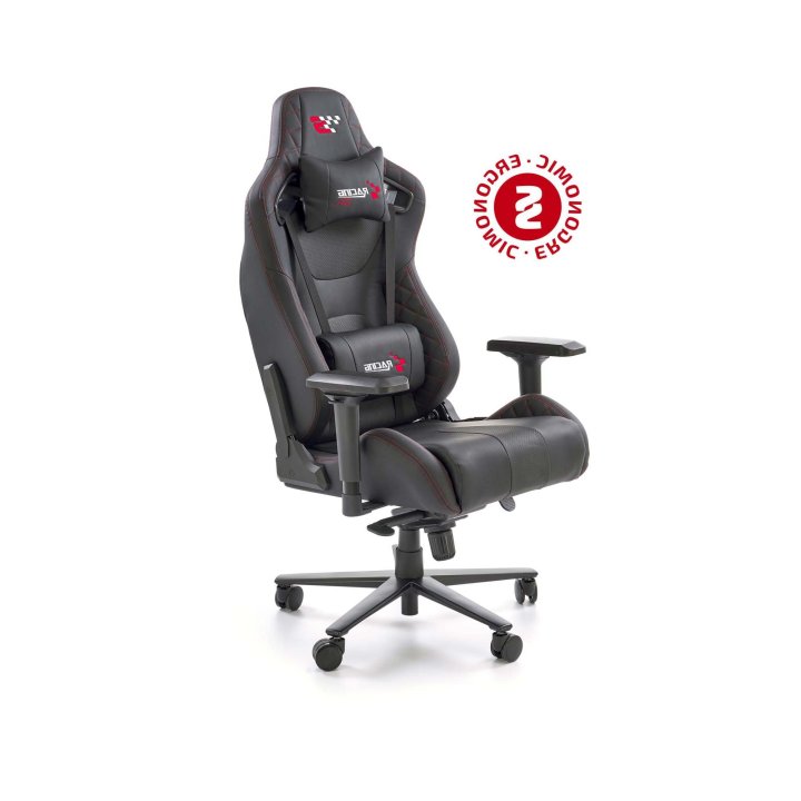 Nowoczesny Fotel dla gracza, z poduszkami na kark i lędźwie, regulowane podłokietniki, kolor czarny, eko skóra