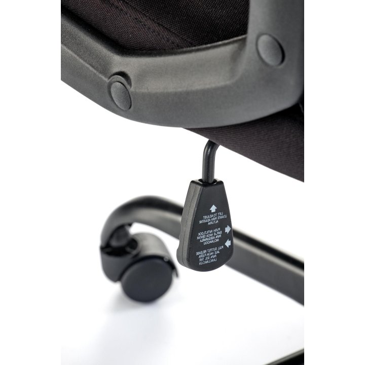 Fotel do biurka, kolor czarno-popielaty z czerwonymi wstawkami, na czarnej podstawie, kółka kauczukowe