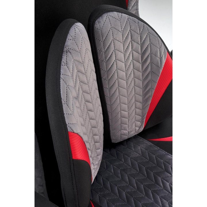 Fotel do biurka, kolor czarno-popielaty z czerwonymi wstawkami, na czarnej podstawie, kółka kauczukowe