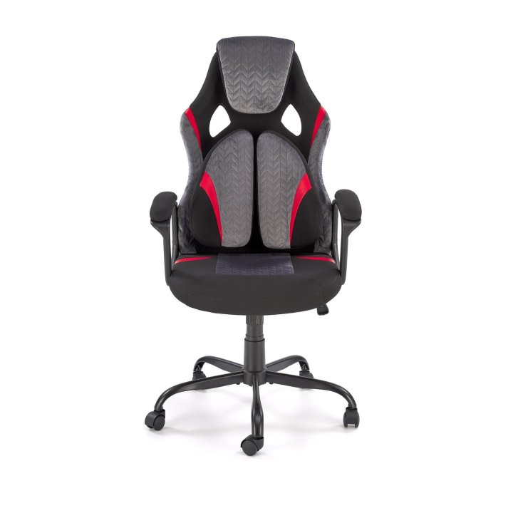 Fotel do biurka, kolor czarno-popielaty z czerwonymi wstawkami, na czarnej podstawie, kółka kauczukowe